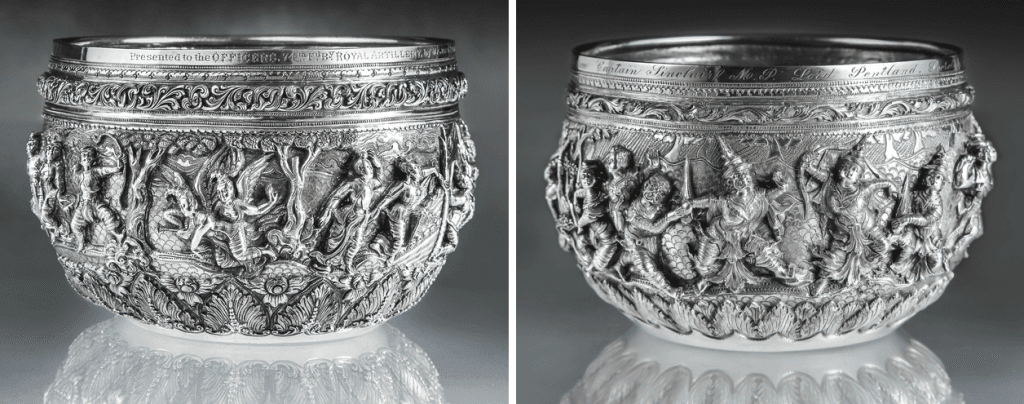 Left: Offering Bowl, 1896; MSY Bros, Lower Burma, Canda-Kinnara Jataka: ‘Presented to the officers, 74th Fd. By. Royal Artillery, by Major G.P. Owen, R.A. Jany 1891-Decr 1896’; Right: Offering Bowl, 1899, Mg Shwe Yon Bros, Lower Burma, Ramayana, ‘To Mr. and Mrs. Robert Simpson on October 4th 1899. With hearty good wishes from Captain Sinclair M.P. Lord Pentland Secretary for Scotland’
