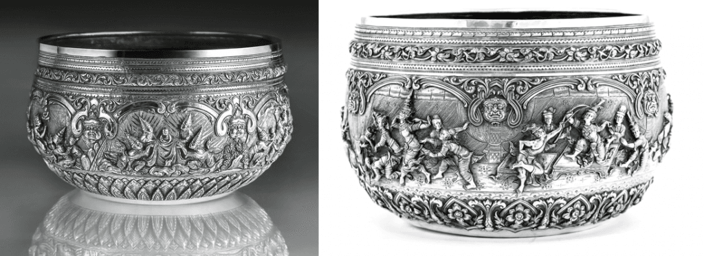 Left: Offering Bowl (S43), c. 1905, Maung Yin Maung (attributed); Right: Offering bowl by Maung Yin Maung, c. 1911, Photo: Sworders Fine Art Auctioneers England