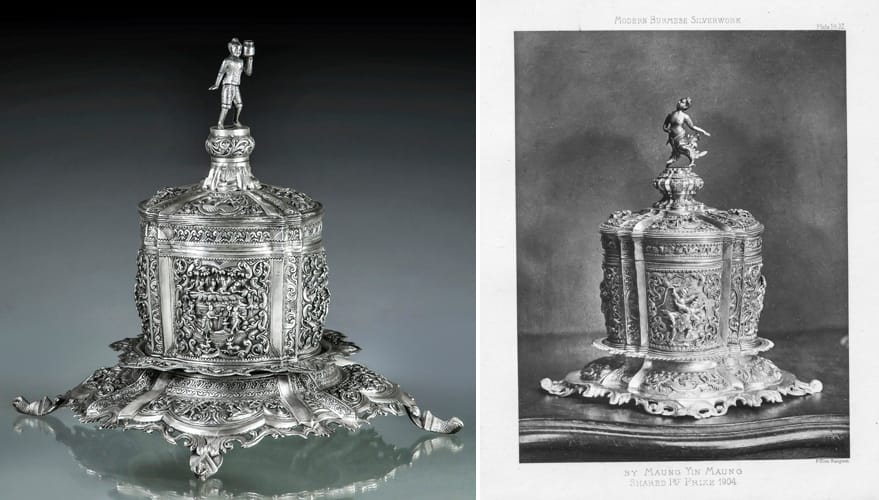 Left: Centrepiece Betel Box (S149), c. 1905, Maung Yin Maung (attributed), Lower Burma, Sama Jataka; Right: Centrepiece betel box by Maung Yin Maung, 1904, From H.L. Tilly (1904)