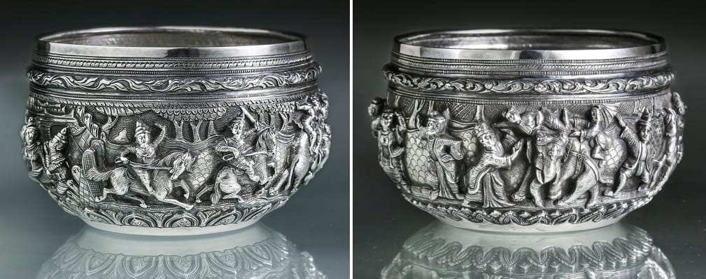 Left: Offering Bowl (S138), c. 1905, Mg Shwe Yon Bros, Lower Burma, Mahajanaka Jataka, ‘Mg. Shwe Yon Bros.’; Right: Offering Bowl (S139), c. 1905, Mg Shwe Yon Bros, Lower Burma, Jataka, ‘Mg. Shwe Yon Bros.’